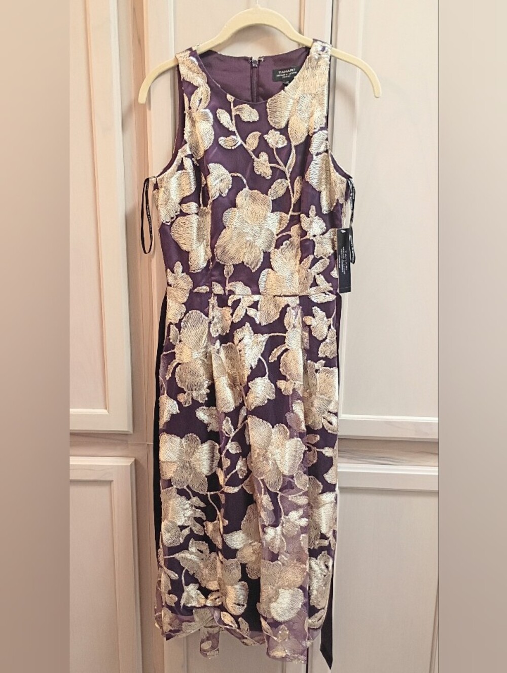 NWT Tahari ASL Petite 2P Plum Gold Embroidered A-Line Cocktail Dress Midi